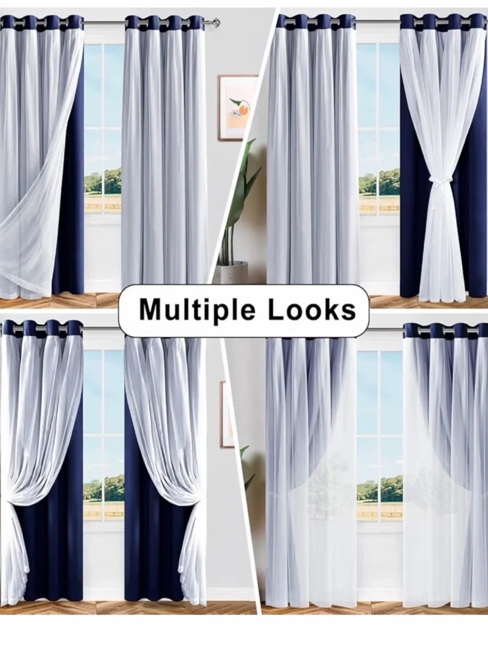 Navy Blackout Curtains with White Sheer Overlay Thermal Insulated 2 Drapes